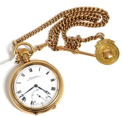 Lot 324 - A gold plated pocket watch and a 9ct gold curb linked watch chain with attached gold medal