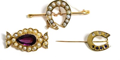 Lot 326 - A sapphire and diamond horseshoe stickpin, a pearl set horseshoe bar brooch and a purple paste,...