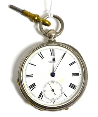 Lot 327 - A white metal open faced pocket watch, signed L.Liomin, Geneve