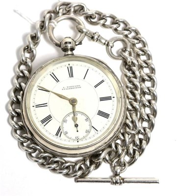 Lot 349 - An open faced silver pocket watch and a silver curb linked watch chain