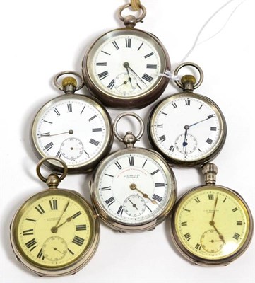 Lot 365 - Four silver pocket watches and two other pocket watches with cases stamped 0.935 and 925, (6)