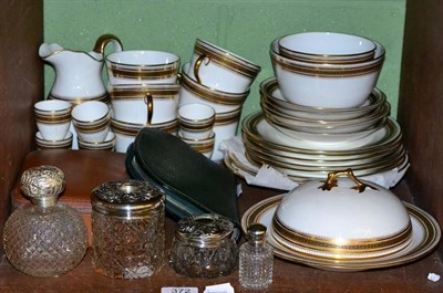 Lot 372 - Four silver mounted glass dressing table items; two 20th century travelling toilet sets; and a gilt