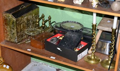 Lot 373 - A shelf of brass ware, plated wares, fish kettle and a stoneware jar George Storey & Co...