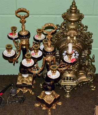 Lot 380 - A large modern brass clock and a pair of gilt and porcelain candelabra