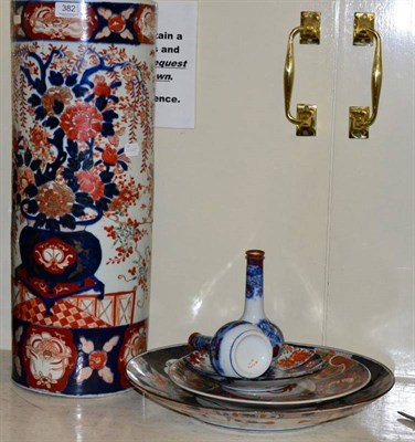 Lot 382 - A 19th century Japanese Imari stick stand (a.f.); a pair of Japanese bottle vases; two chargers and