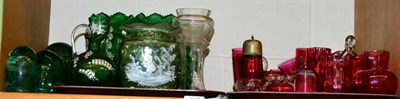 Lot 387 - A quantity of Cranberry and green glass including Mary Gregory style, together with five glass...