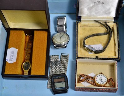 Lot 419 - Three lady's wristwatches, one case stamped 14k, gents Tissot wristwatch and a Casio digital...