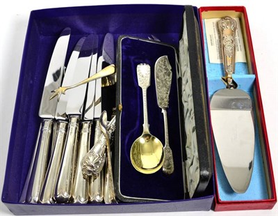 Lot 424 - A set of six silver table knives, makers mark BD, Sheffield 1999; together with various further...