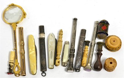 Lot 425 - A Sampson Mordan & Co combination pencil and pen; three pencils; seals; pen knives etc