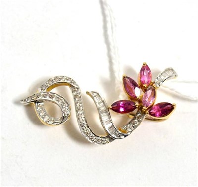 Lot 440 - A diamond and pink stone scroll pendant, total estimated diamond weight 0.45 carat...