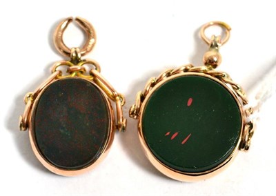 Lot 441 - A 9 carat gold bloodstone and carnelian swivel fob and a 9 carat gold bloodstone swivel fob,...