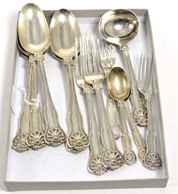 Lot 443 - A part service of George IV silver Kings Husk pattern flatware, William Chawner, London 1827,...