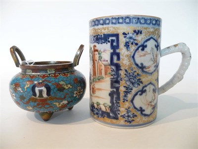 Lot 227 - A Chinese Porcelain Cylindrical Mug, Qianlong, with bamboo moulded handle, painted in famille...