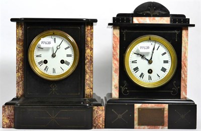 Lot 451 - A Victorian black slate and marble striking mantel clock and a Victorian marble and black slate...