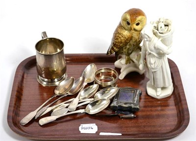 Lot 472 - A porcelain model of an owl by Karl Ens, Vienna porcelain figure of a rag and bone lady, a...