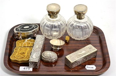 Lot 475 - A pair of silver mounted scent bottles, a Victorian silver dressing table box, a tortoiseshell...