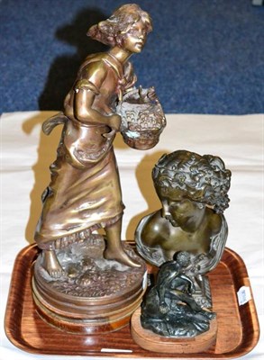 Lot 482 - After Rancoulet, a bronze of a flower girl, a reproduction bronze bust and a reproduction...