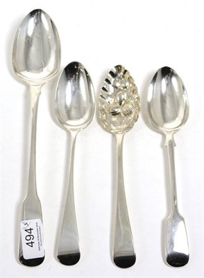 Lot 494 - A George IV silver fiddle pattern basting spoon, London 1828;  an Old English pattern table...