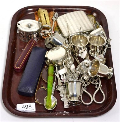 Lot 498 - Assorted silver and other items to include: a set of six tots; silver cockerel cocktail sticks;...