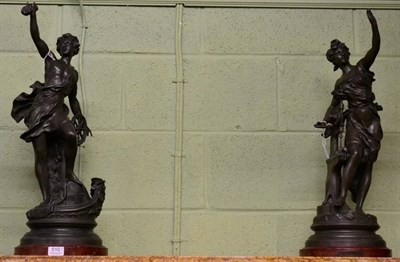 Lot 510 - A pair of large allegorical spelter figures of Industry and Commerce on painted wooden bases, after