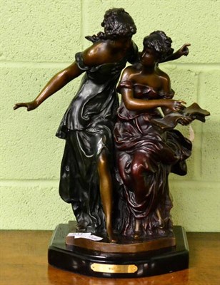 Lot 511 - After Moreau, a patinated and cold painted bronze figure group of classical maidens