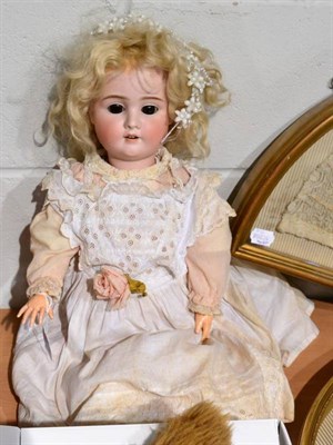 Lot 1002 - Schoenau & Hoffmeister 1906 bisque socket head doll, sleeping brown eyes, open mouth, blond...