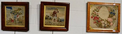 Lot 1003 - A tapestry panel of a floral swag; and two figural panels in matching rosewood frames (3)