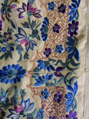 Lot 1011 - Assorted Chinese textiles and embroideries, including a brown silk brocade panel (a.f.), with...