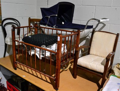 Lot 1017 - Dolls Silver Cross Pram with blue covers, dolls bentwood chair, cream upholstered armchair and...
