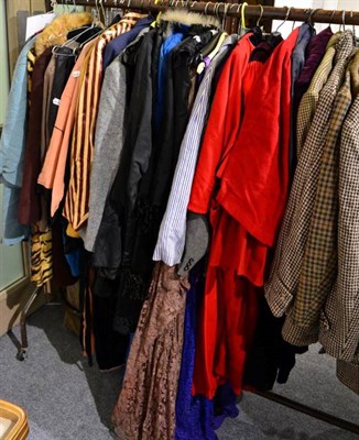 Lot 1019 - Assorted Victorian and later costume, including silk skirts, jackets, gents jackets etc (part rail)
