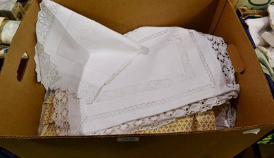 Lot 1026 - Assorted white linen damask and cotton bed and table linen, including embroidered cloths and...