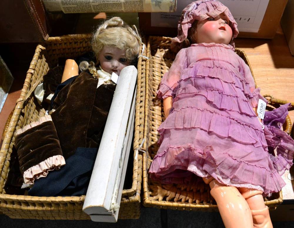 Lot 1030 - A bisque head sleeping eye doll, stamped H W; a Simon Halbig bisque head doll; and a fan in...
