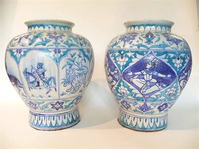Lot 240 - Two Similar Persian Fritware Baluster Jars, 19th century, pained in Isnik style in blue and...