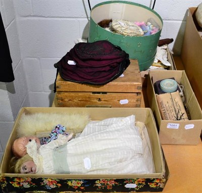 Lot 1051 - A German bisque head sleeping child doll; another doll; parasol, sewing accessories and other items