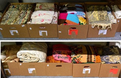 Lot 1052 - Assorted textiles, including net and lace curtains including coloured examples, coloured...