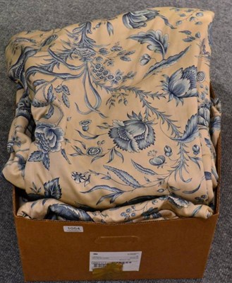 Lot 1054 - Two pairs of blue and cream floral curtains, lined and interlined, 162cm by 170cm