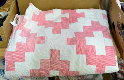 Lot 1058 - Victorian pale pink floral quilt on white, with repeating patterns of crosses, white to...