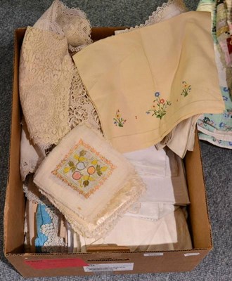 Lot 1062 - Cream linen cloth with crochet edging, damask and other cloths, lace panel, various crochet...