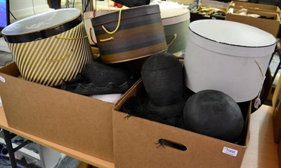 Lot 1066 - Brown leather hat box, Lenenbaum's of Greenville brown striped card hat box, Bea Mack Scranton gold