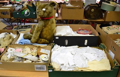 Lot 1069 - Assorted fabrics and accessories and a large jointed teddy bear, including lace trimmings, silk...