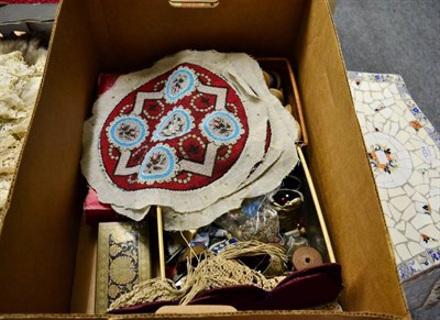 Lot 1074 - Assorted needlework tools and accessories, including a pair of circular beaded panels, bead...