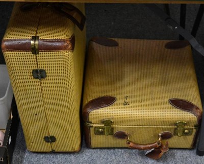 Lot 1079 - Circa 1940s cream and brown checked suitcase with fitted interior, and leather trims, another...