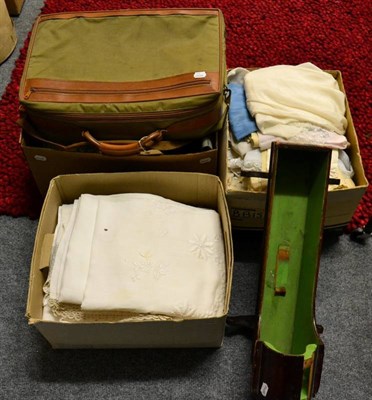 Lot 1087 - Assorted textiles and costume accessories, including Ferragamo leather shoes, handbags, evening...