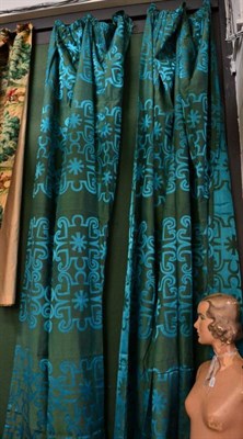 Lot 1090 - Two pairs of circa 1960s stylish green and blue woven/shot curtains, embroidered with...