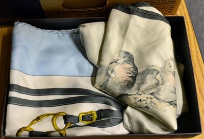 Lot 1100 - Hermes silk scarf with pale blue border Brides de Gala, another Les Tourterelles on pale grey...