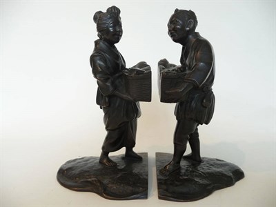 Lot 245 - A Pair of Japanese Bronze Figural Bookends, late Meiji period (1868-1912), as a fisherman and...
