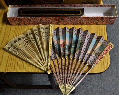 Lot 1101 - A mid 18th century ivory fan, the double paper leaf painted pale lilac, the gorge sticks...