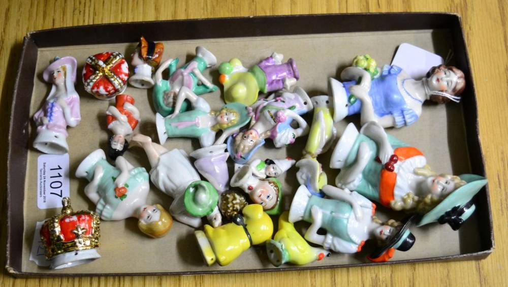 Lot 1107 - Assorted china half dolls in various sizes, Bonzo dog and a chicken, two crowns, heads etc (20)