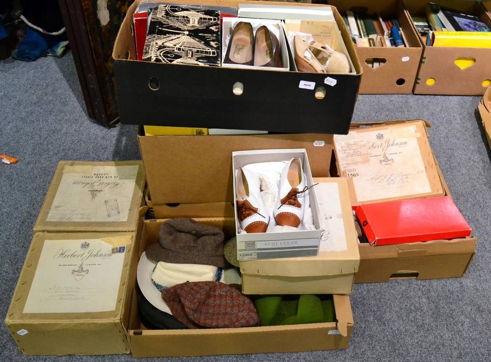 Lot 1119 - Assorted hats and shoes including, gents deer stalkers, tweed hats, Herbert Johnson brown trilby in