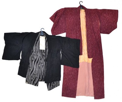 Lot 1121 - Black and silver Japanese Happi coat and another in black silk;  and a Japanese kimono in a...